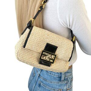 FENDI Vintage FF Logo Mini Mamma Baguette Shoulder Bag Raffia Cream [106020]